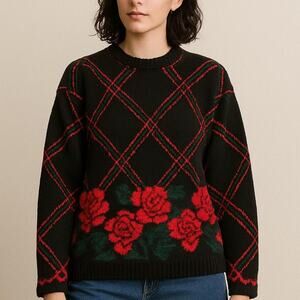 Vintage Holiday Rose Sweater Women’s Large – Black Red Plaid 80s Knit